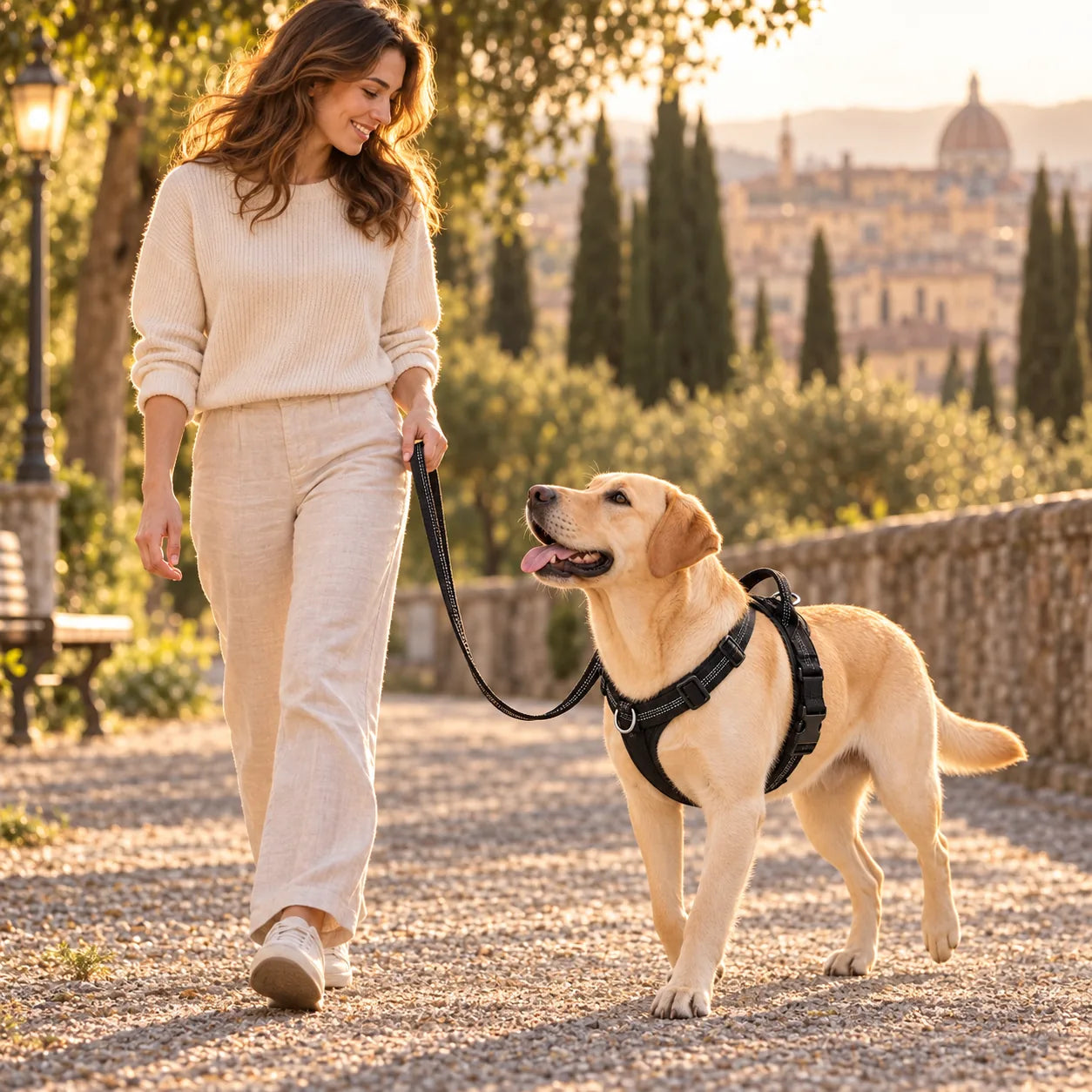 Labrador che cammina serenamente accanto alla proprietaria