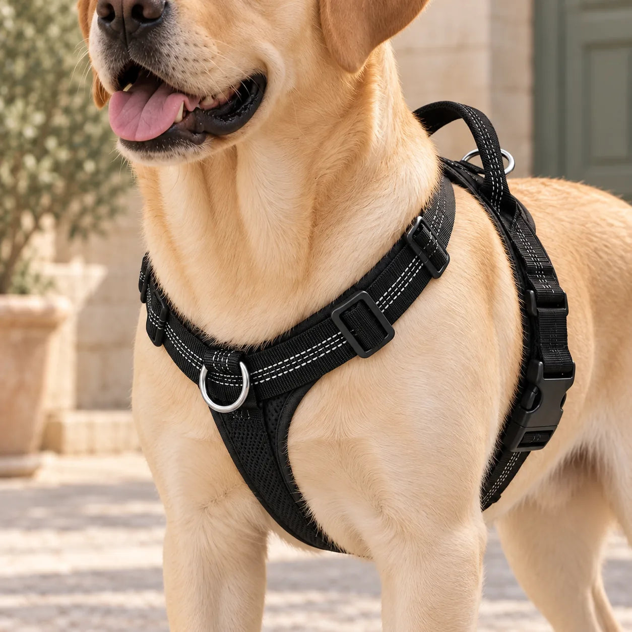Dettaglio della pettorina Brave Pet sul torace di un Labrador