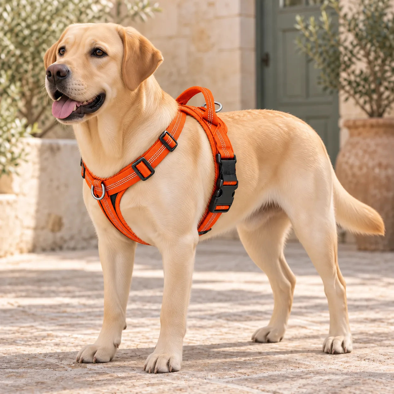 Labrador Retriever con pettorina Brave Pet arancione