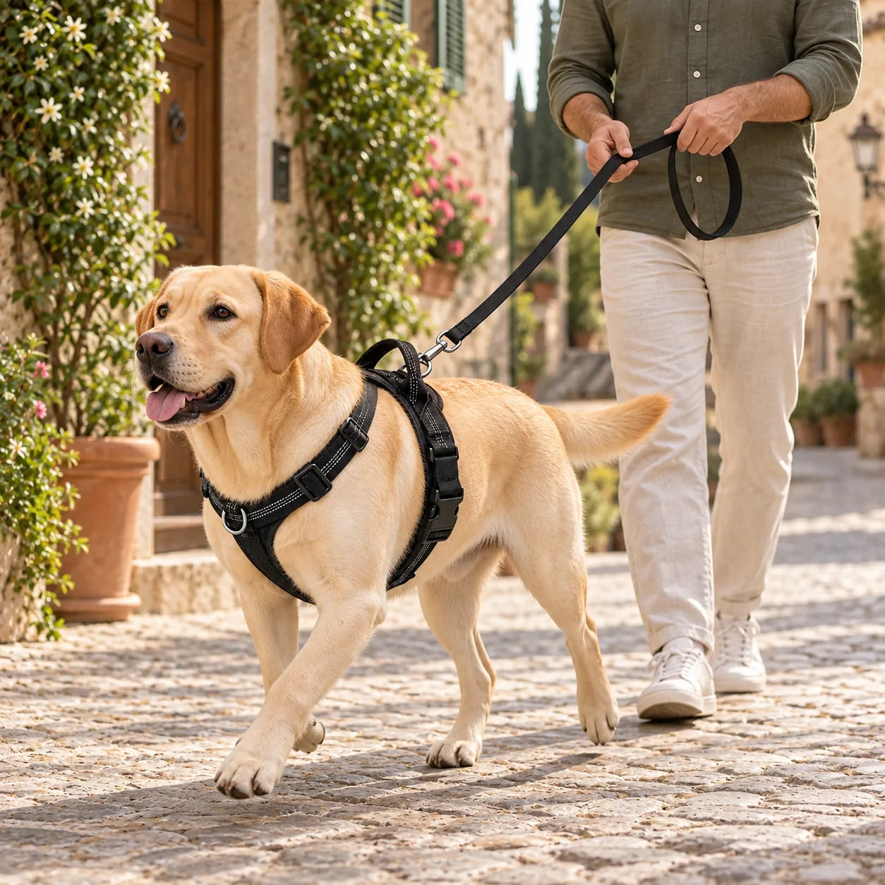 Proprietario che accompagna con calma un Labrador energico