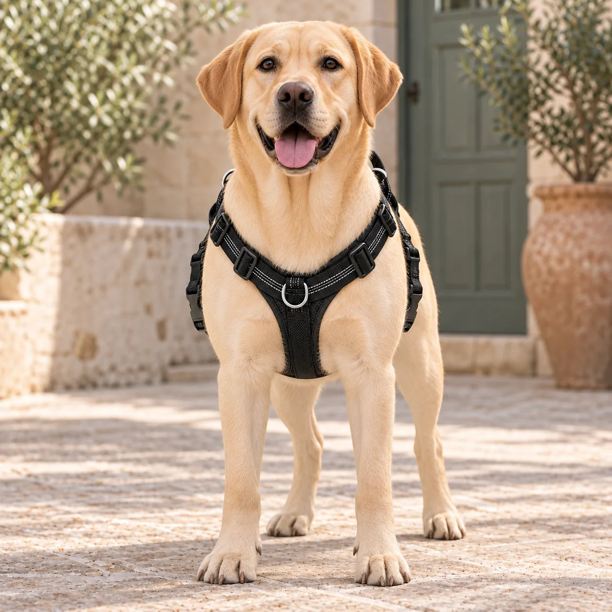 Vista frontale della pettorina Brave Pet indossata da un Labrador