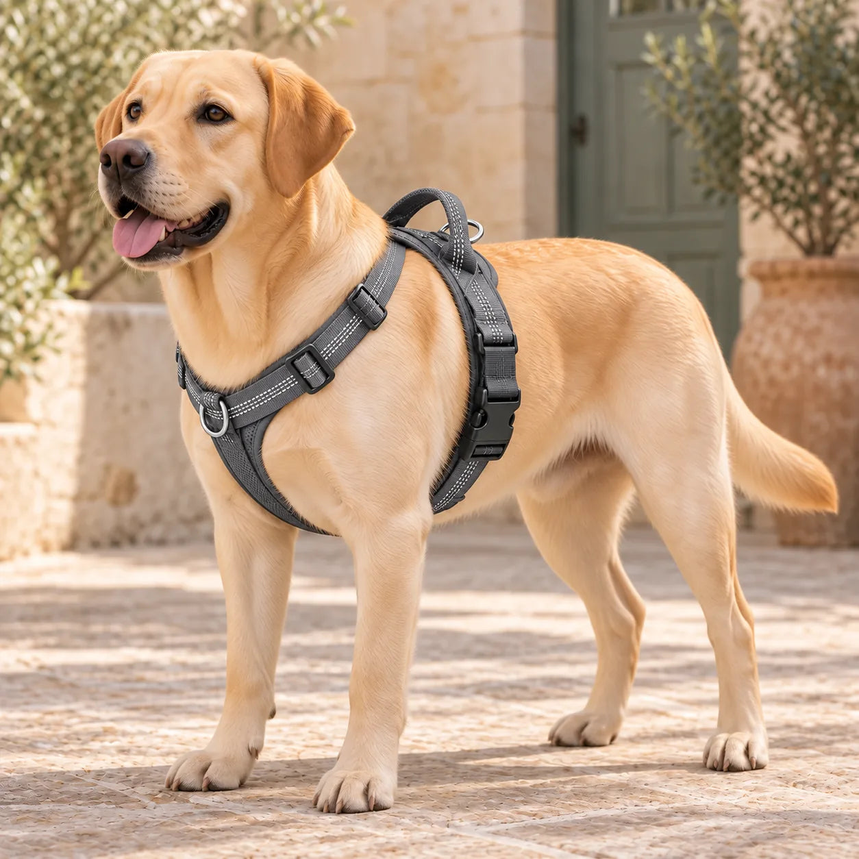 Labrador Retriever con pettorina Brave Pet grigia