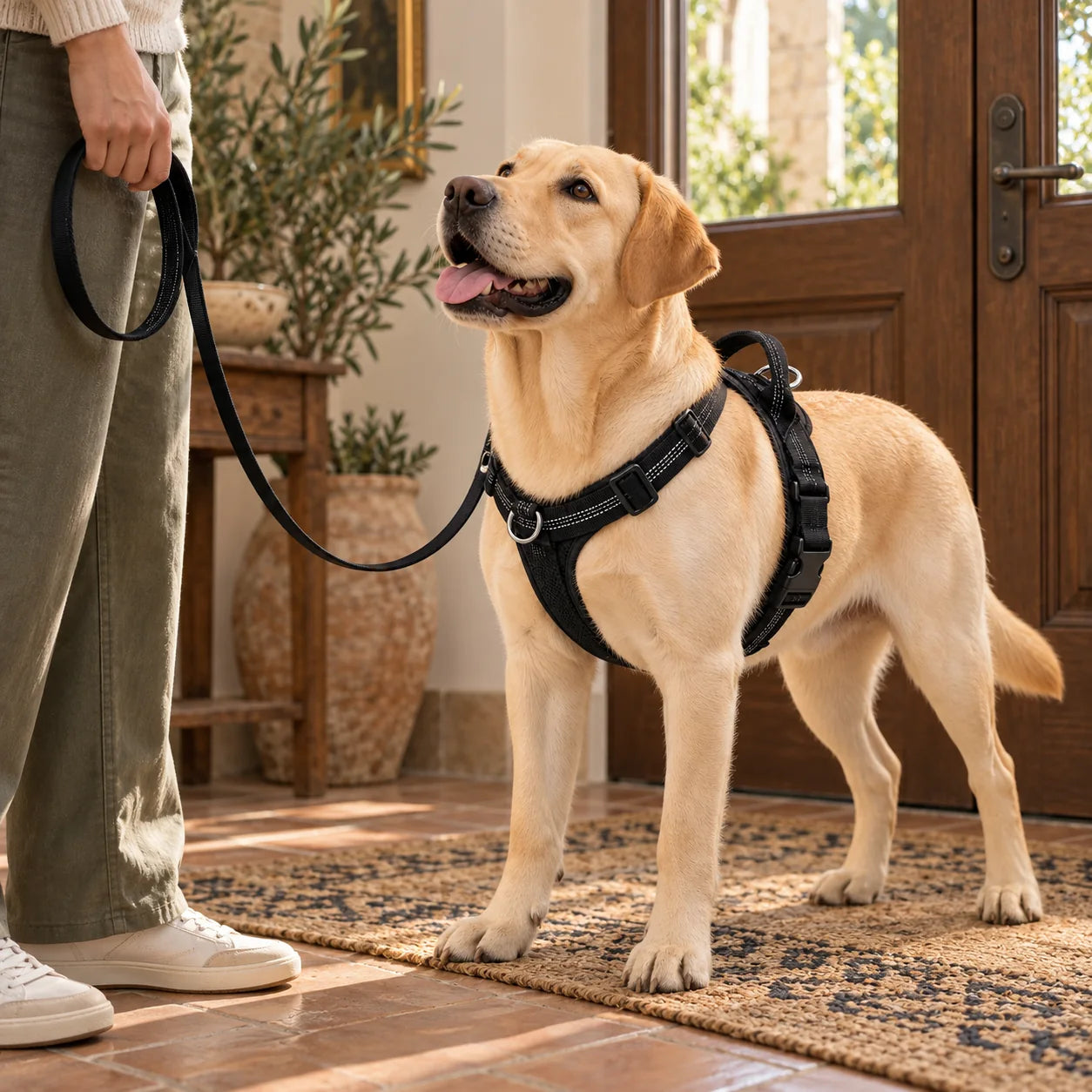 Labrador pronto e in attesa davanti alla porta prima della passeggiata