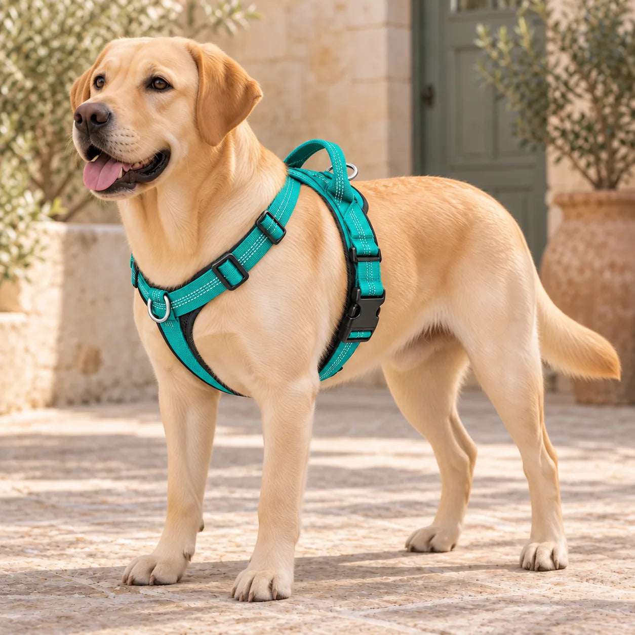 Labrador Retriever con pettorina Brave Pet verde turchese