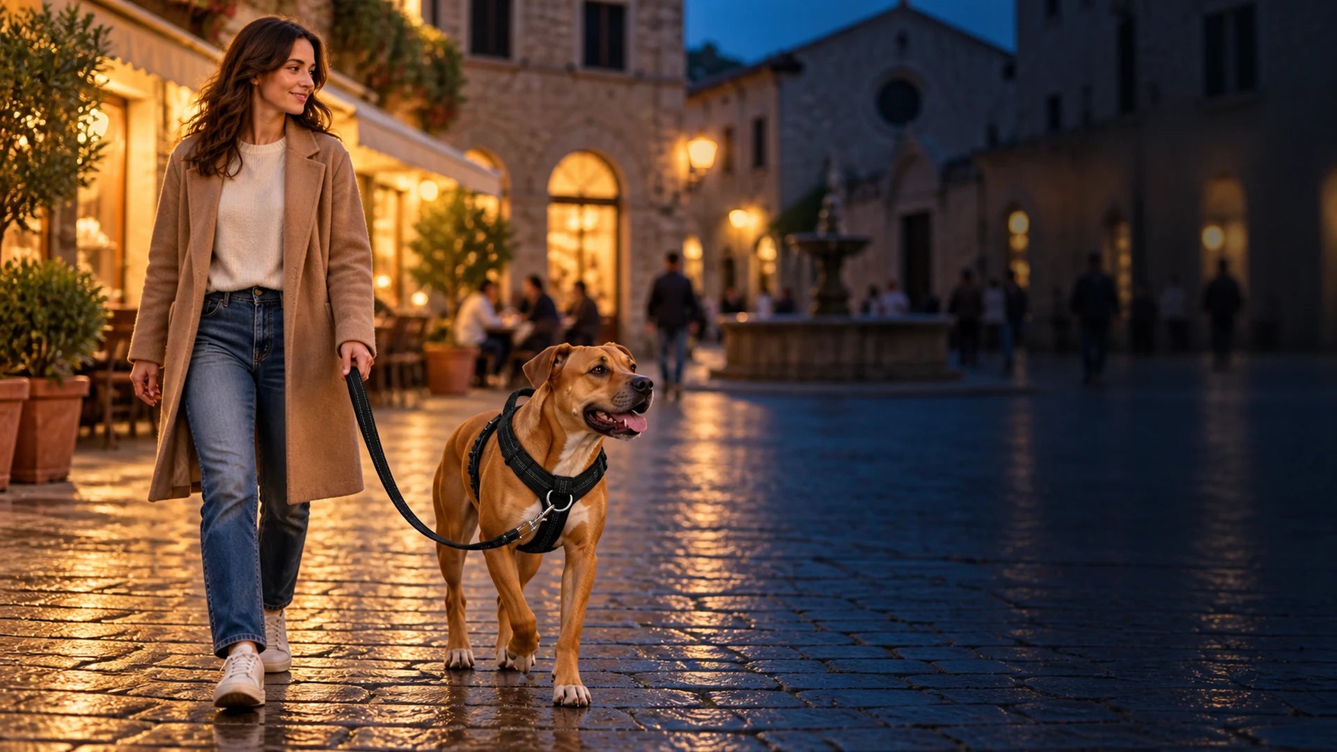 Passeggiata serale tranquilla in città con Brave Pet