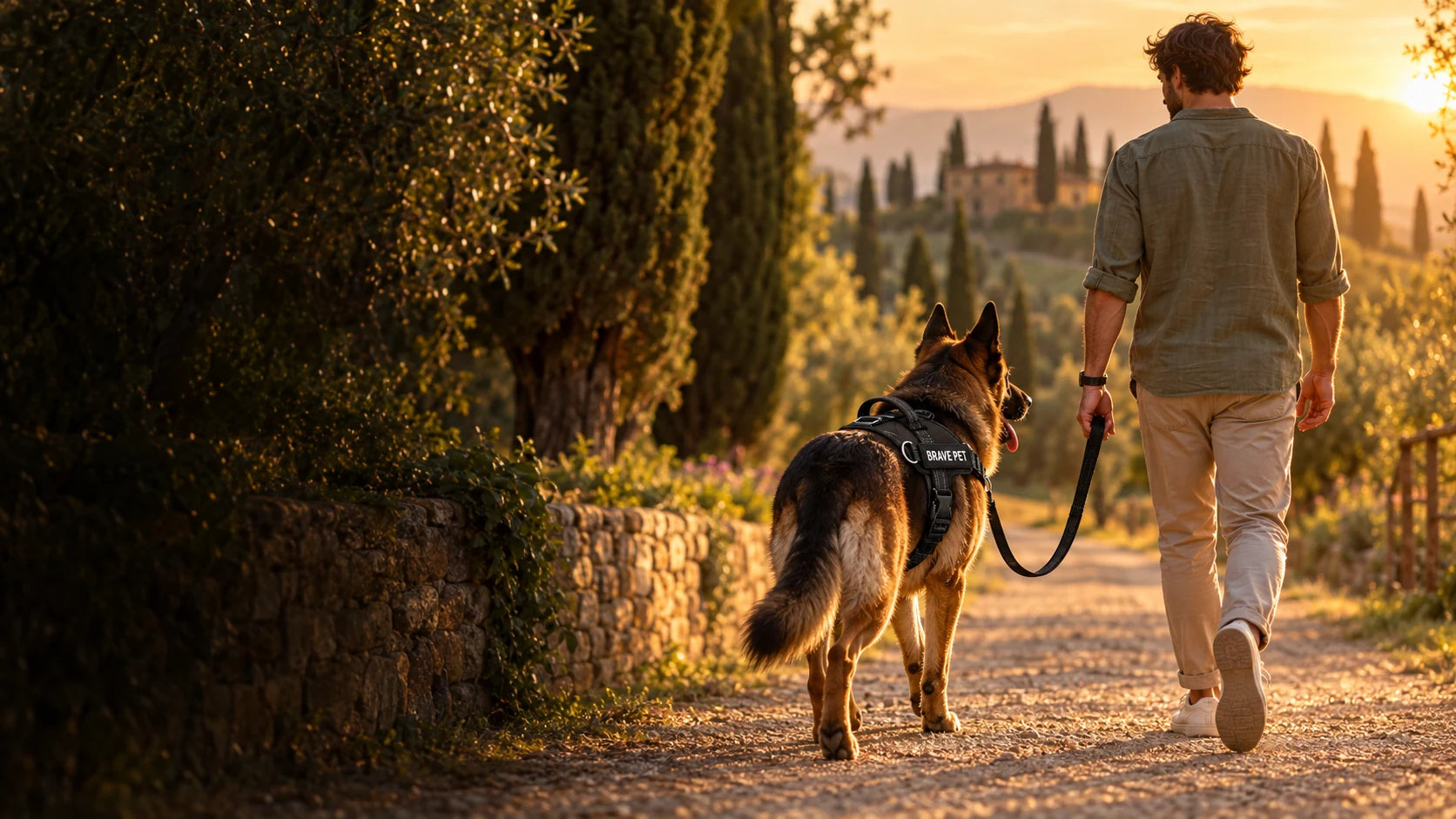 Persona e cane con pettorina Brave Pet durante una passeggiata al tramonto
