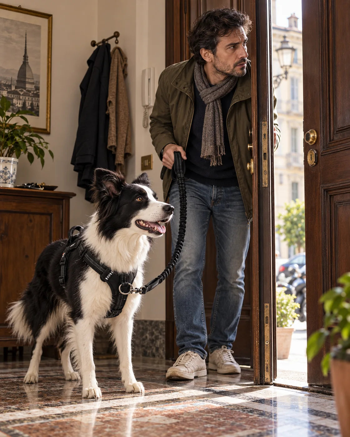 Proprietario controlla con apprensione la strada prima di uscire con il cane