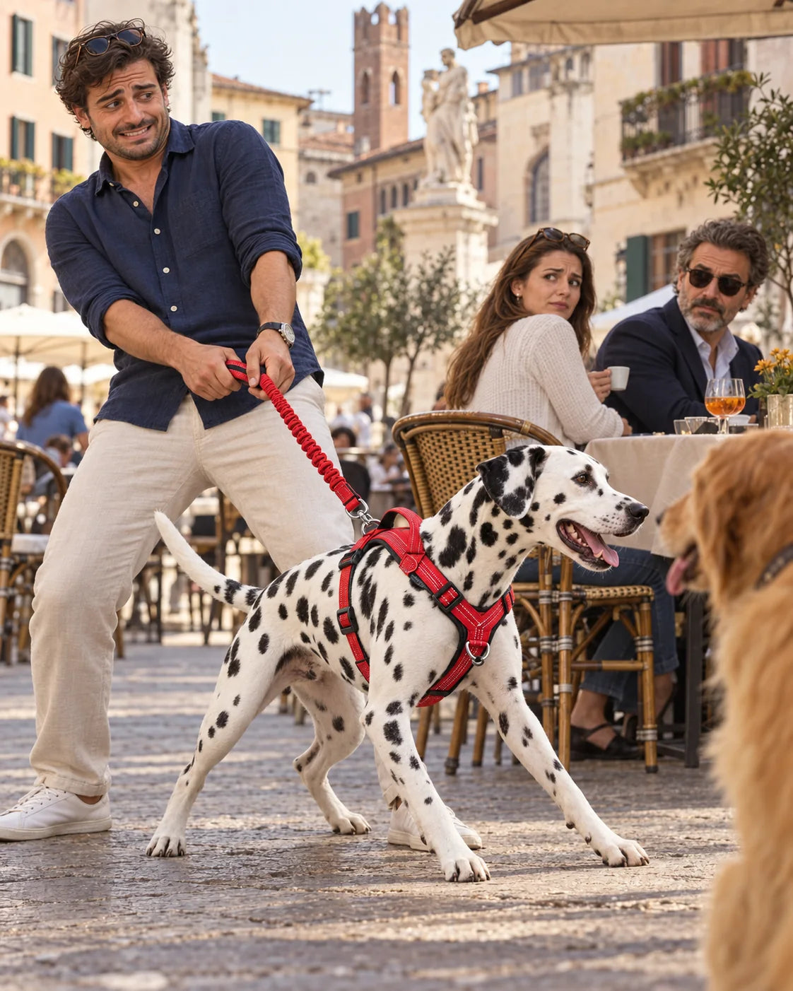 Proprietario imbarazzato dagli sguardi degli altri durante la passeggiata