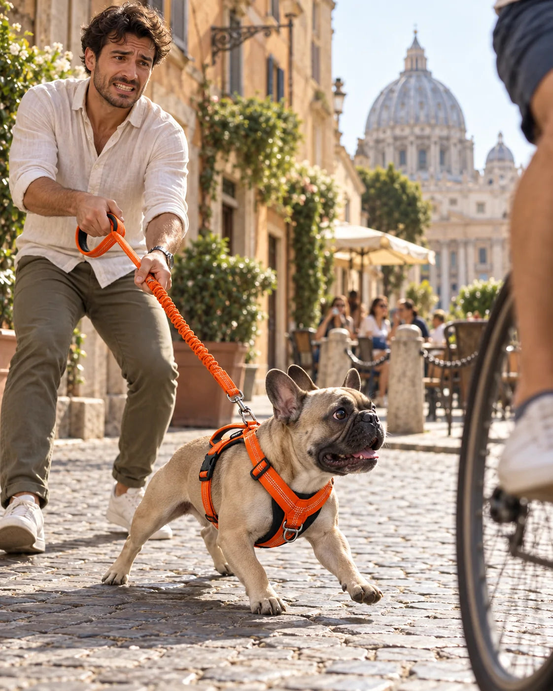Bulldog francese energico vede una bicicletta durante una passeggiata a Roma