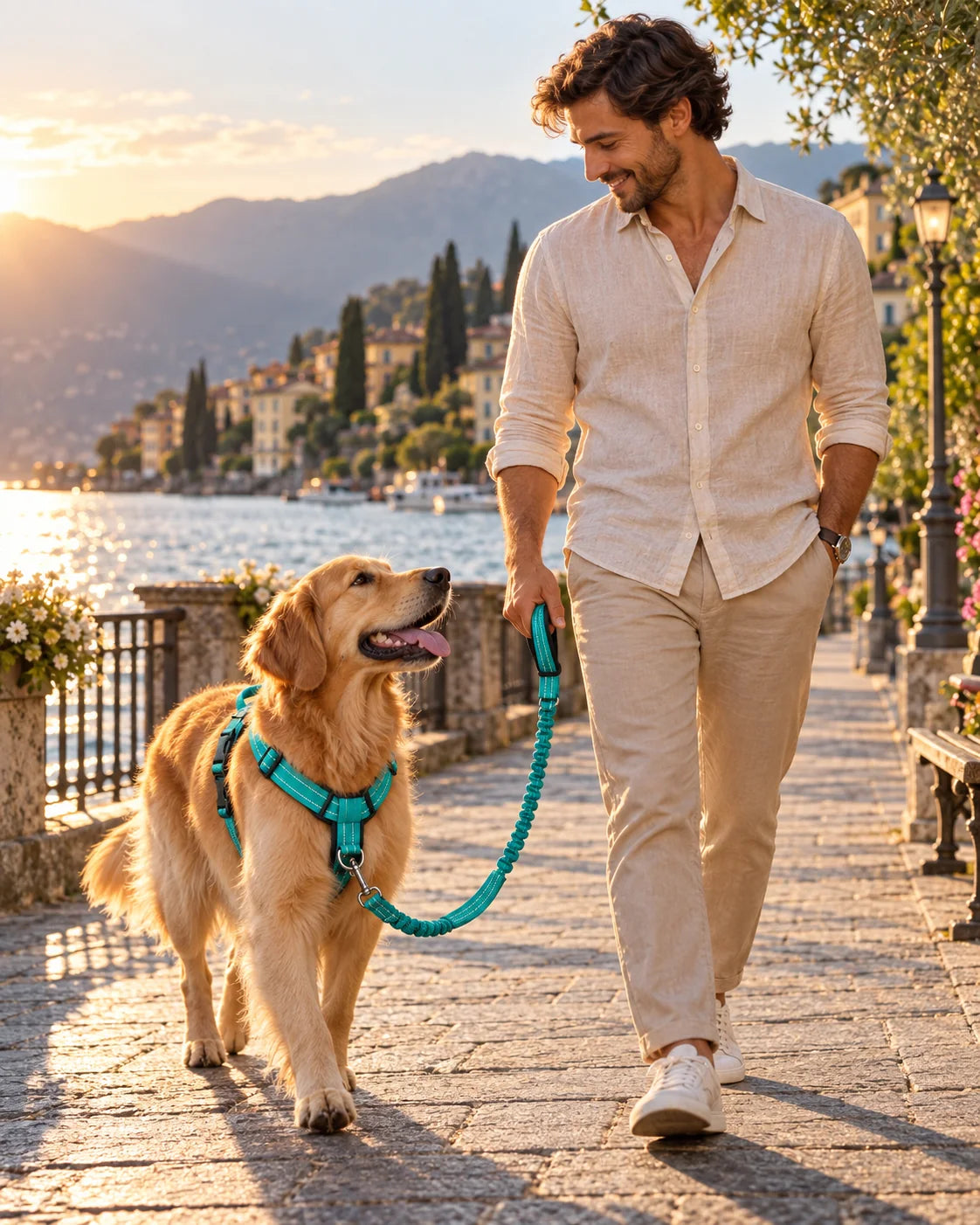 Golden Retriever cammina con calma accanto al proprietario sul lago