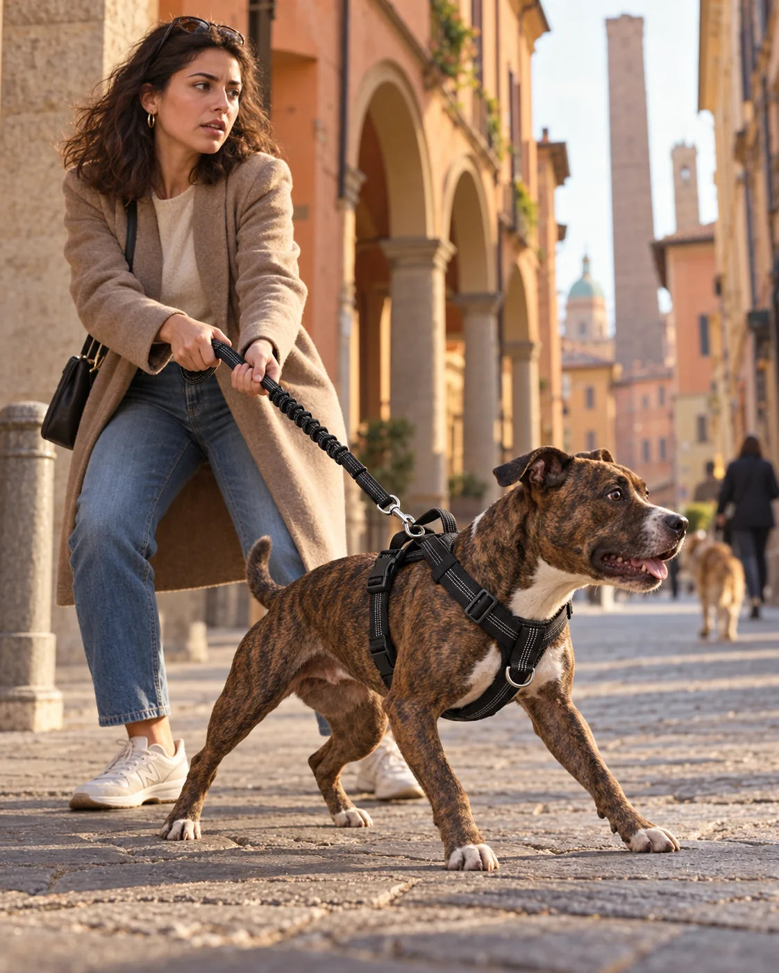 Proprietaria gestisce un cane energico con pettorina Brave Pet in una strada italiana