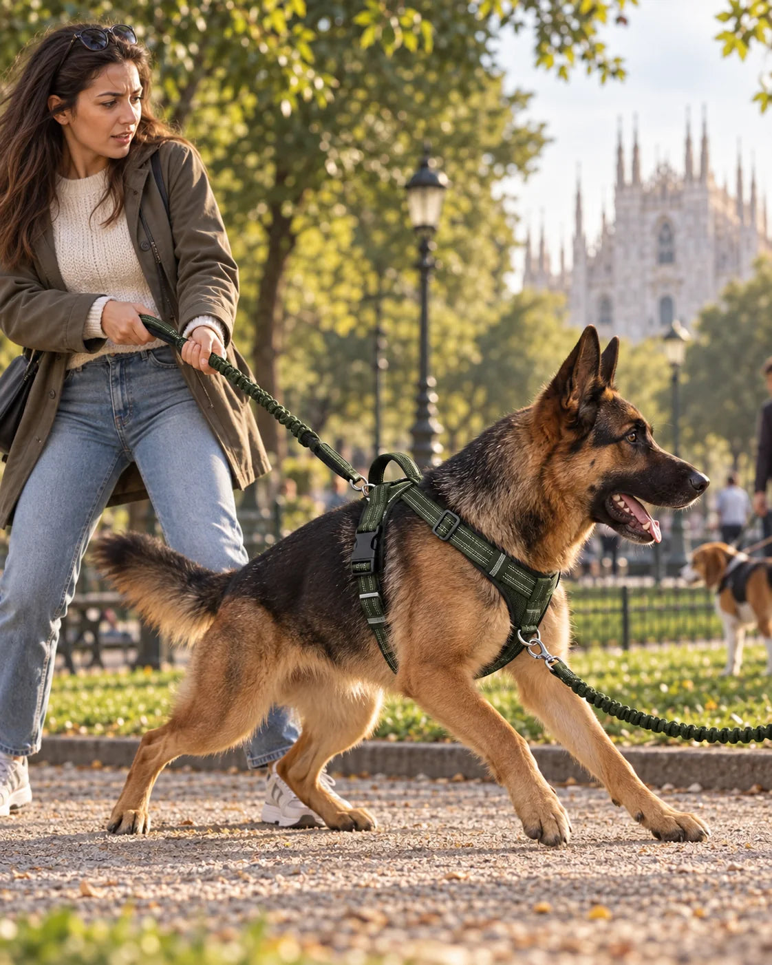 Pastore tedesco energico durante una passeggiata nel parco a Milano