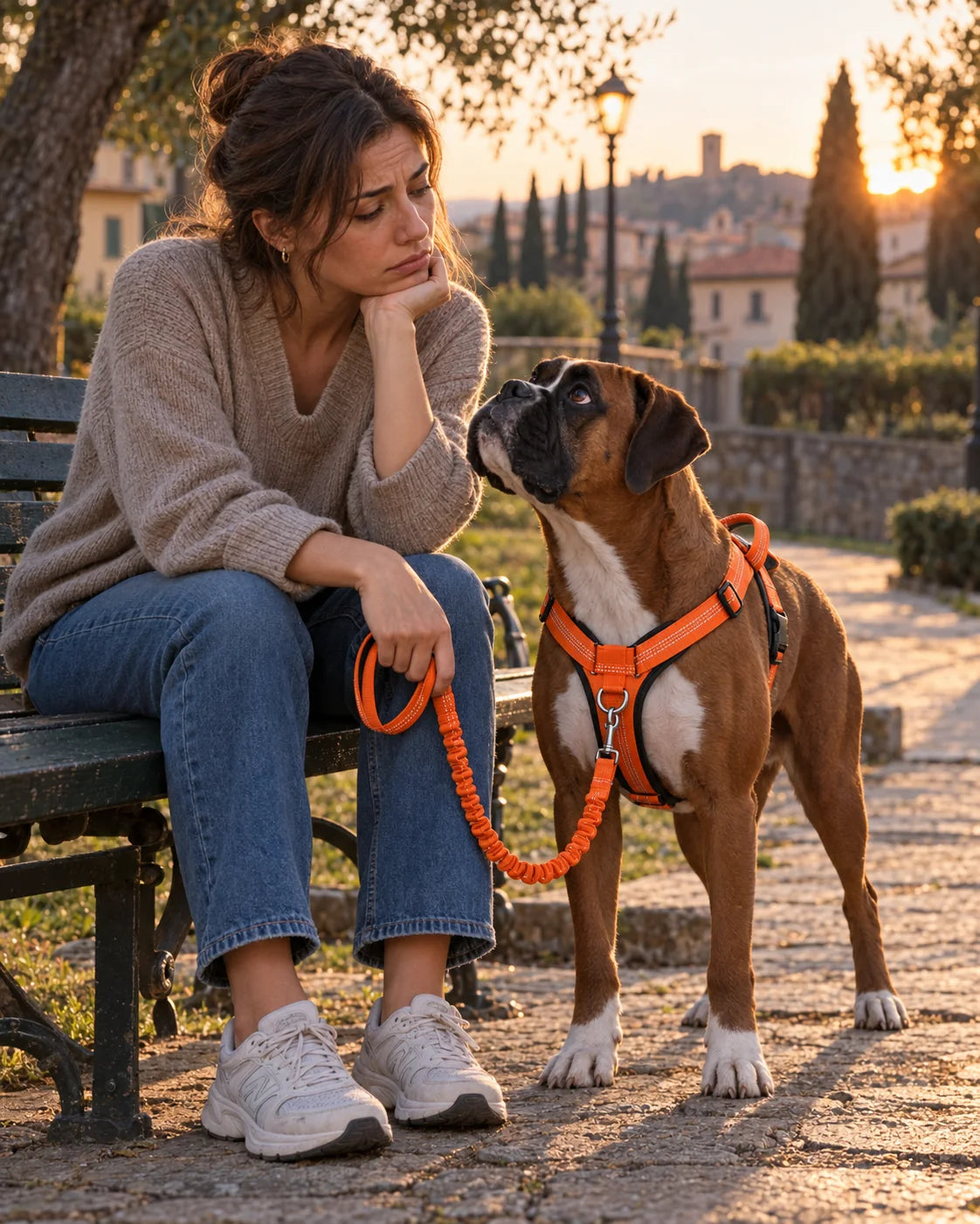 Proprietaria stanca interrompe presto la passeggiata e si siede con il cane